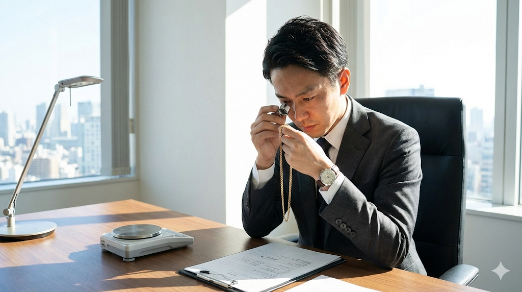 明るいオフィスでルーペを使い金のネックレスを丁寧に査定するスーツ姿の日本人男性鑑定士