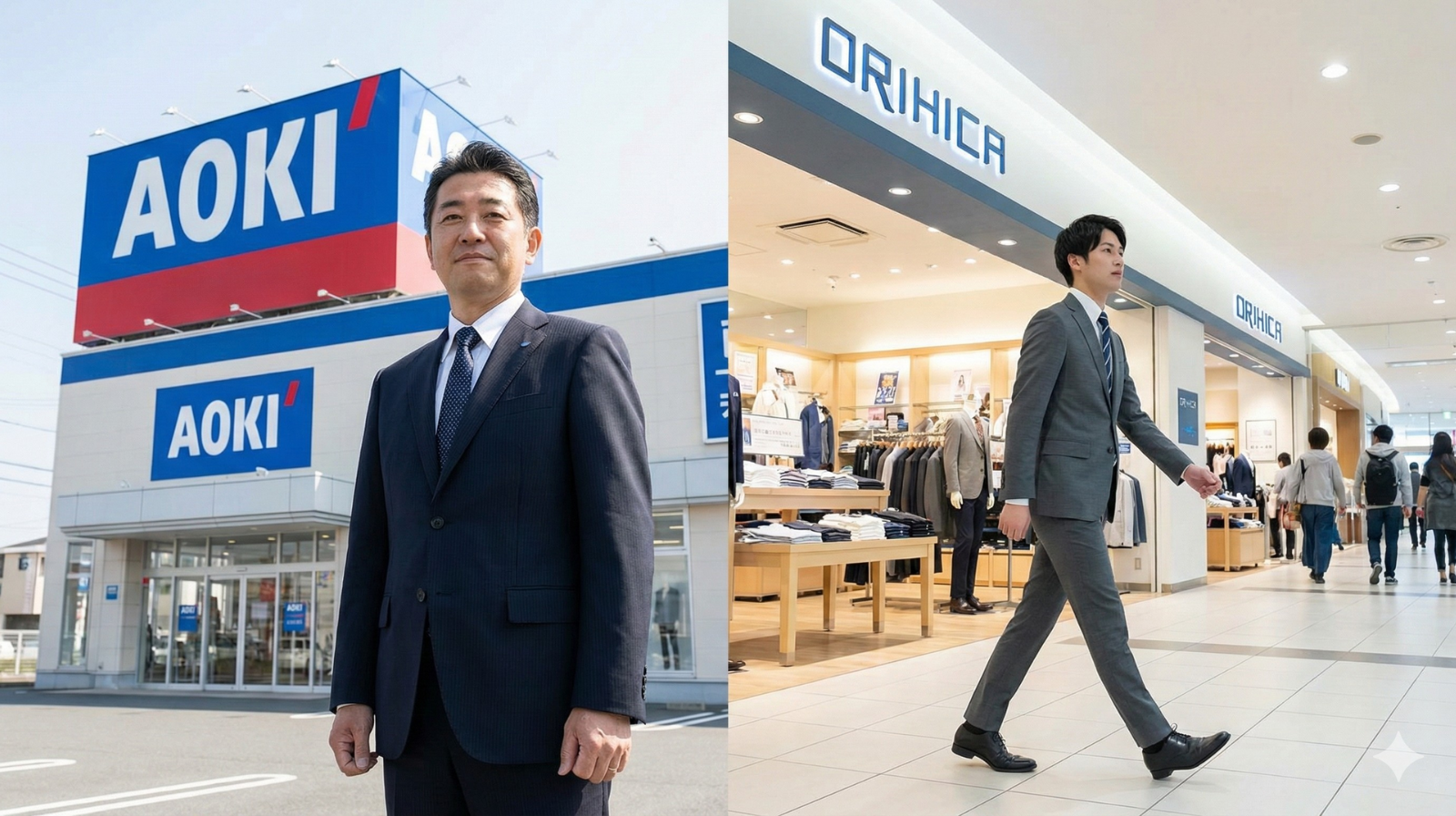 AOKIのロードサイド店舗前に立つベテランビジネスマンと、ショッピングモールのORIHICA店舗前を歩く若手ビジネスマンの比較写真。