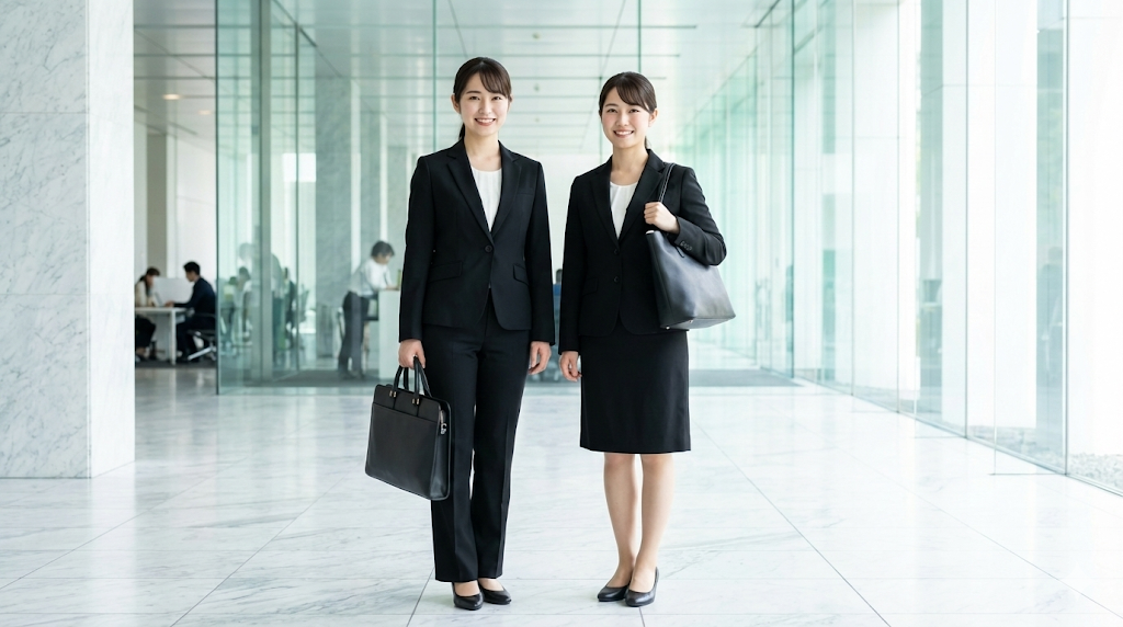 オフィスビルのロビーで並んで立つ、パンツスーツとスカートスーツを着た二人の日本人女性就活生