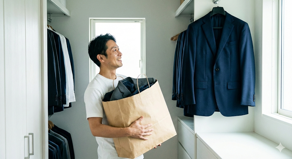 整理されたクローゼットの前で、古いスーツが入った紙袋を持ち、新しいスーツを見つめて笑顔を見せる日本人男性。スーツ下取りによる断捨離と新しい出会いを象徴するイメージ。