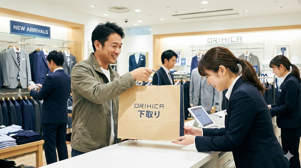 オリヒカの店舗で、不要なスーツをスタッフに手渡す日本人男性客。スムーズな下取り手続きと、新しいスーツを選ぶポジティブな雰囲気を表現。
