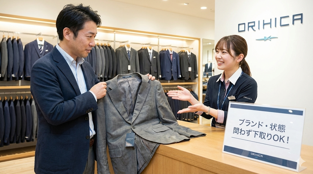 店舗のカウンターで、少し古びたスーツを広げて見せる顧客と、笑顔で対応するオリヒカのスタッフ。状態やブランドを問わず下取り可能であることを示すイメージ。