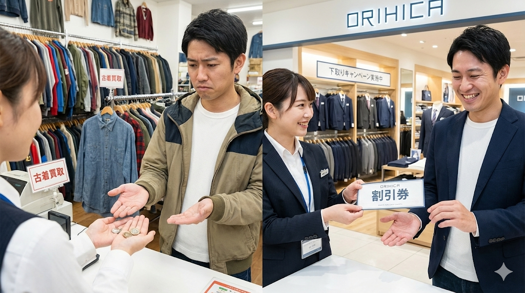 左側はリサイクルショップで小銭しか受け取れずがっかりする様子、右側はオリヒカで大きな割引チケットを受け取り喜ぶ様子。買取と下取りの経済的メリットの違いを比較する分割写真