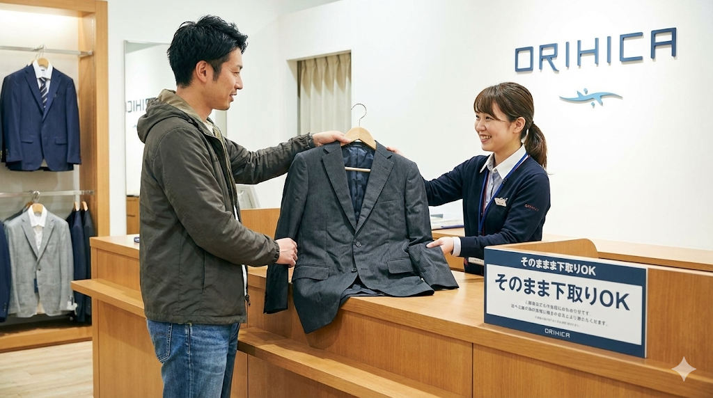 クリーニングに出していない、少しシワのあるスーツをそのまま店舗スタッフに手渡す男性。手間いらずで気軽に持ち込める下取りサービスの手軽さを表現