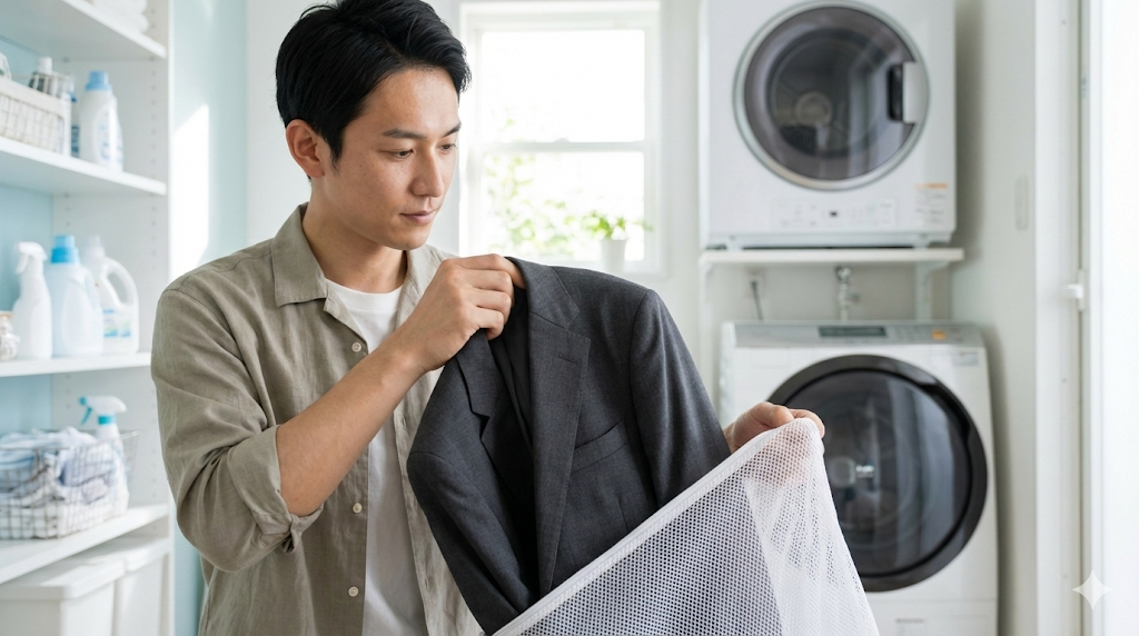 自宅の清潔なランドリールームで、スーツのジャケットを丁寧に畳んで洗濯ネットに入れる日本人男性。ウォッシャブルスーツの正しい洗濯準備を行っている様子。