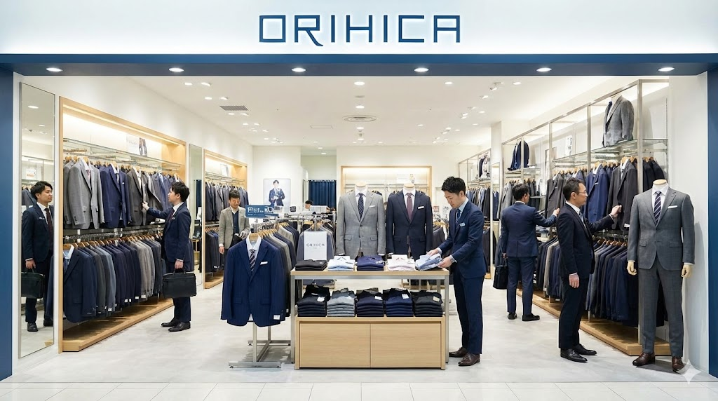 明るく洗練されたオリヒカの店舗内観。20代から50代の幅広い年代の日本人男性客がスーツを選んでいる様子