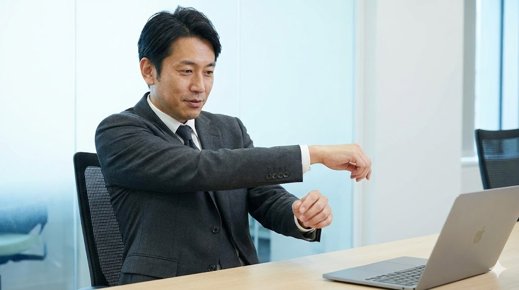 オフィスでオリヒカの「THE 3rd SUITS」を着用し、ストレッチ性の高さを確かめるように腕を伸ばす40代の日本人男性