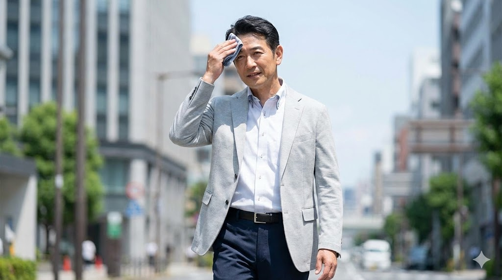 真夏の街中で、オリヒカの機能性ジャケットを着用し、汗を拭きながらも涼しげに歩く50代の日本人男性