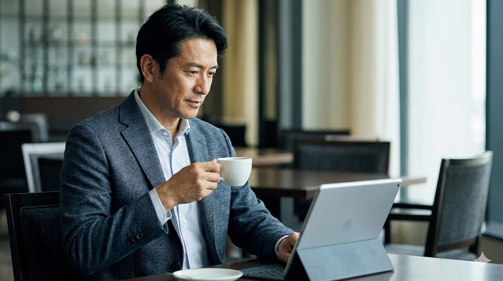 落ち着いた雰囲気のカフェで、タブレットを見ながら賢く情報収集をする40代〜50代の日本人男性