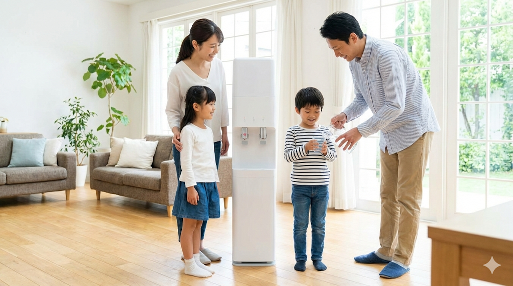 リビングに設置された白いウォーターサーバーを囲む笑顔の日本人4人家族
