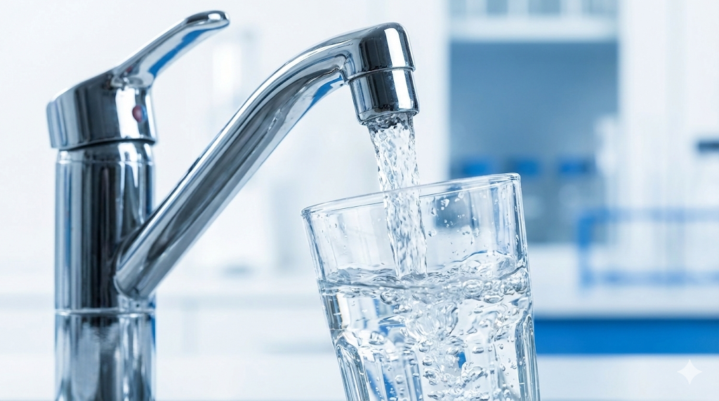 ウォーターサーバーの注ぎ口からグラスに注がれる清潔で透明な水、衛生管理のイメージ