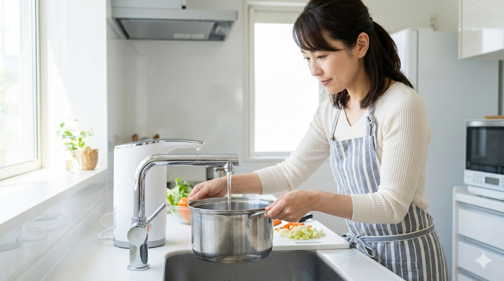 キッチンで浄水型ウォーターサーバーの水を料理鍋に注いでいる日本人女性、料理への活用シーン