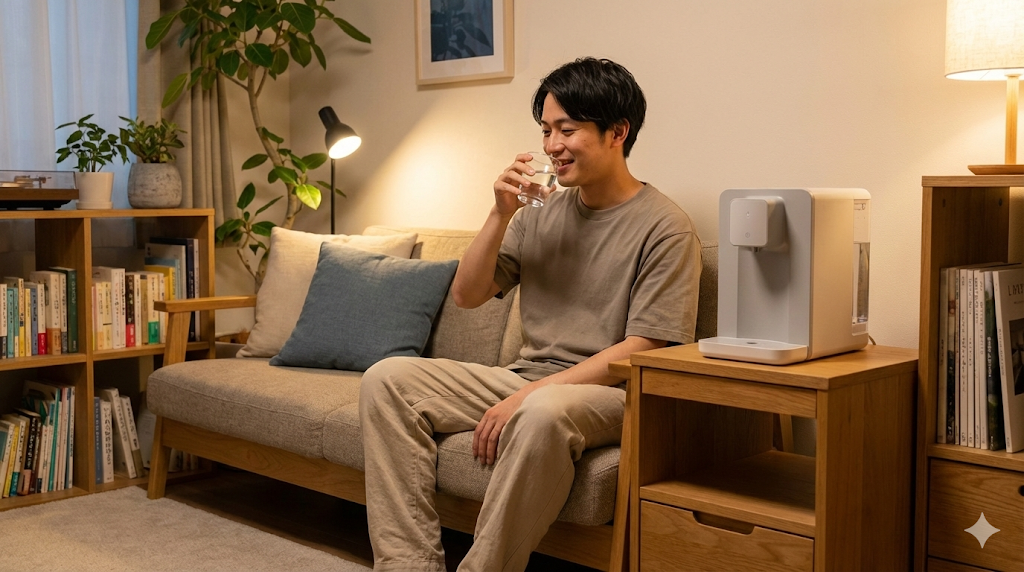 一人暮らしの部屋で卓上型ウォーターサーバーの水を飲みリラックスする日本人男性
