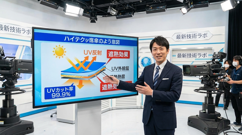 テレビ番組のスタジオで、専門家がモニターの日傘の技術図解を指し示しながら解説している様子