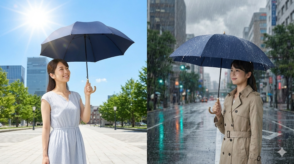 同じ日傘を、晴天時(左)は日除けとして、雨天時(右)は雨傘として使用している日本人女性の比較写真。