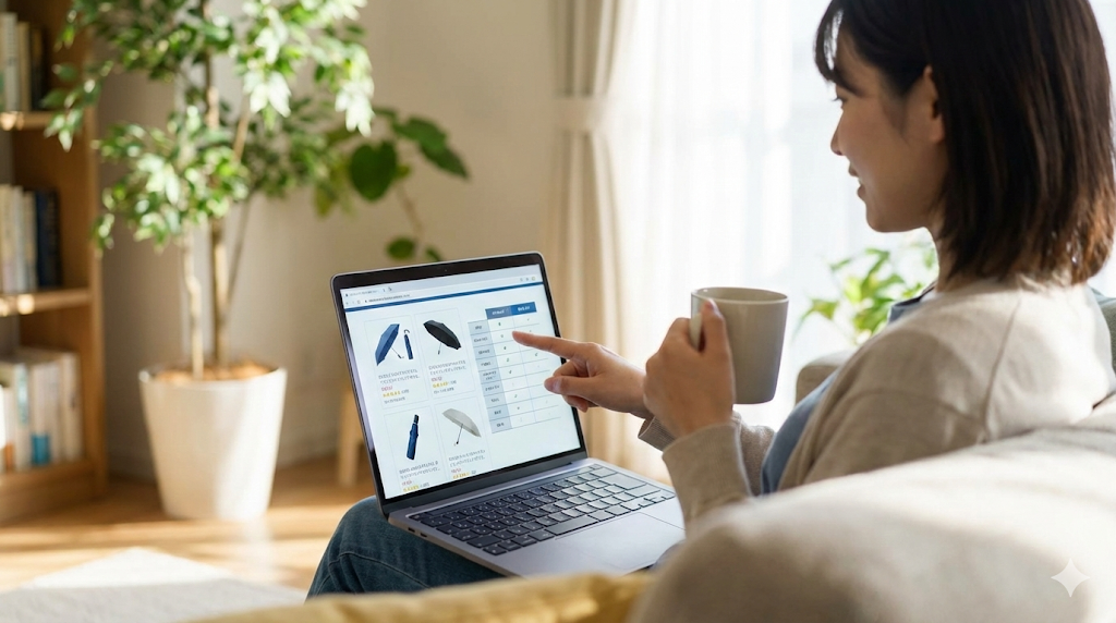 自宅のリビングで、ノートパソコンを使って通販サイトで折りたたみ傘を比較検討している女性。