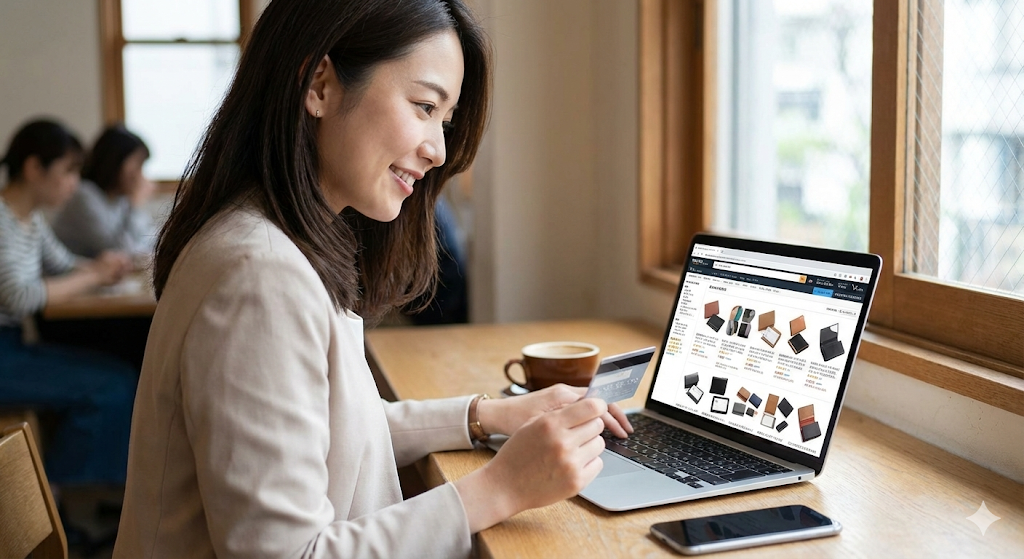 カフェでノートパソコンを使い、Amazonや楽天市場などのネット通販サイトで豊富な種類の中から名刺入れを選んで購入しようとしている女性の様子。