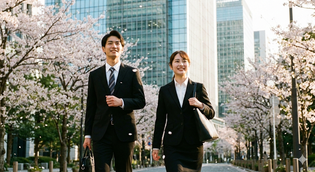 春のオフィス街を自信に満ちた表情で歩く、オリヒカのリクルートスーツを着た日本の就活生男女