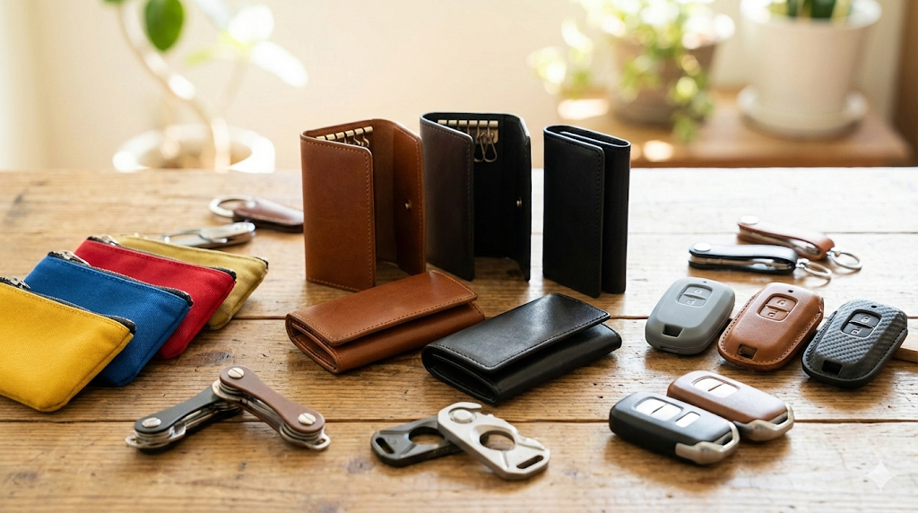 様々な素材やデザインのキーケースが木製のテーブルに並べられている様子。革製の三つ折りタイプ、カラフルなファスナーポーチ型、スマートキー専用カバーなど、多種多様な選択肢があることが分かる。