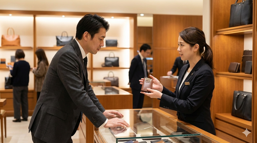 高級百貨店の紳士小物売り場で、スーツ姿のアジア人男性が店員から革製のキーケースの説明を受けている様子。落ち着いた雰囲気と丁寧な接客が感じられる。