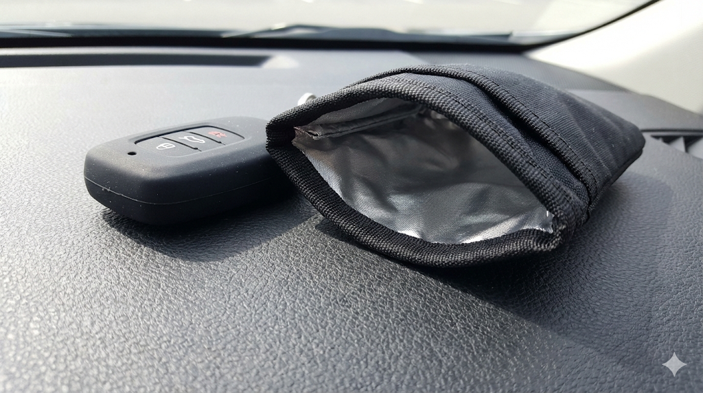 車のダッシュボードの上に置かれた、シリコンカバーを装着したスマートキーと、口が開いたリレーアタック防止用の電波遮断ポーチのクローズアップ。機能性と実用性が強調されている。