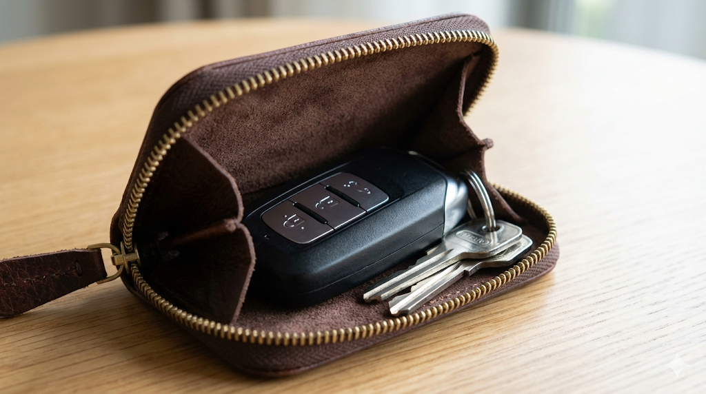 L字ファスナー型の革製キーケースが開いており、中に厚みのある車のスマートキーと数本の金属鍵がきれいに収納されている様子のクローズアップ。スマートキー対応の具体例を示している。