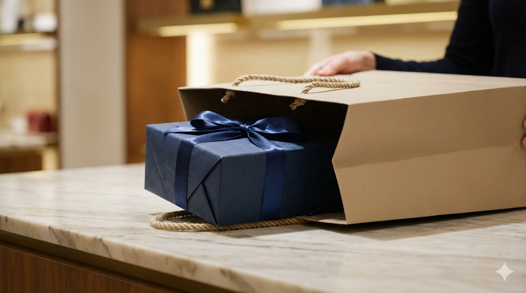 リボンがかけられた紺色のギフトボックスが、高級感のある紙袋に入れられている様子。百貨店やブランド公式店での購入を想起させる丁寧な包装が写っている。