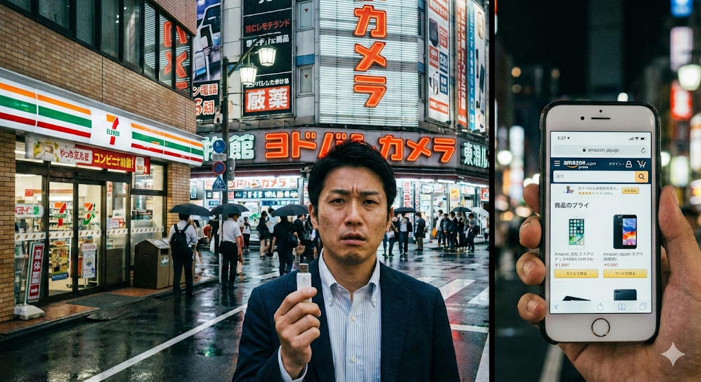 コンビニ、家電量販店、通販サイトの選択肢の前で、USBメモリを手に持ち、どこで買うべきか悩んでいる日本人男性のアイキャッチ画像