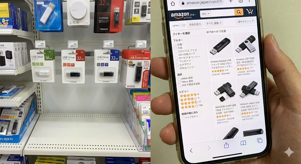 コンビニの棚にある限られたUSBメモリの商品と、スマートフォンで表示された通販サイトの豊富なUSBメモリの商品一覧を比較した分割画像