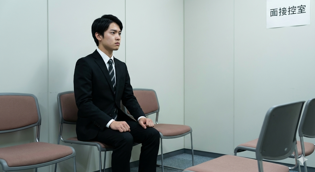面接の控室で正しい姿勢で座り、緊張した面持ちで順番を待つ日本の就活生男性