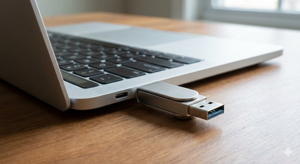 ノートパソコンのType-Cポートに接続された、Type-AとType-Cの両方の端子を持つシルバーのデュアルUSBメモリ