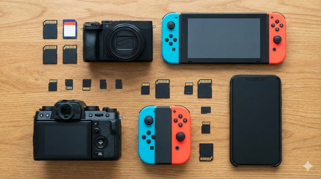 机の上に並べられたSDカード、デジタルカメラ、ゲーム機、スマートフォンの俯瞰写真