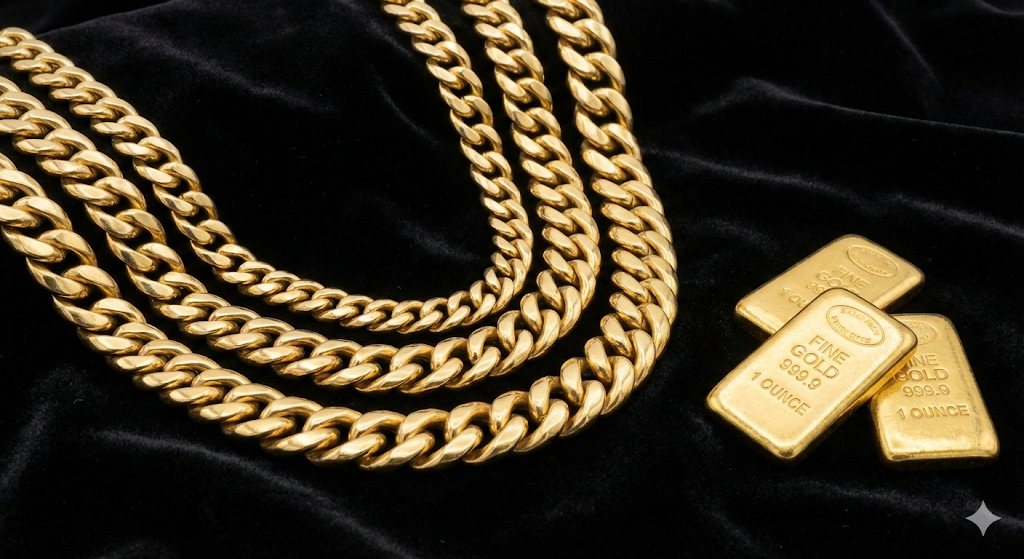 黒いベルベットの上に並べられた重量感のある複数の18金喜平ネックレスと、資産価値を象徴する金塊。