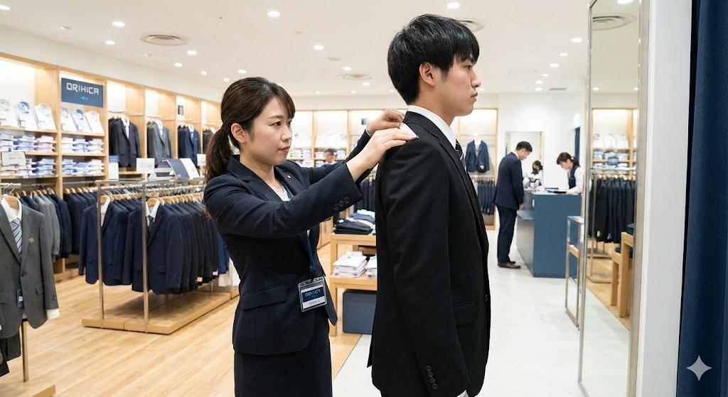 オリヒカの店舗で、店員が就活生のリクルートスーツを採寸している様子