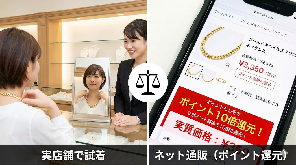 左側に実店舗での試着、右側にスマートフォンでのネット通販画面（ポイント還元表示あり）を配置し、天秤で比較しているイメージ画像