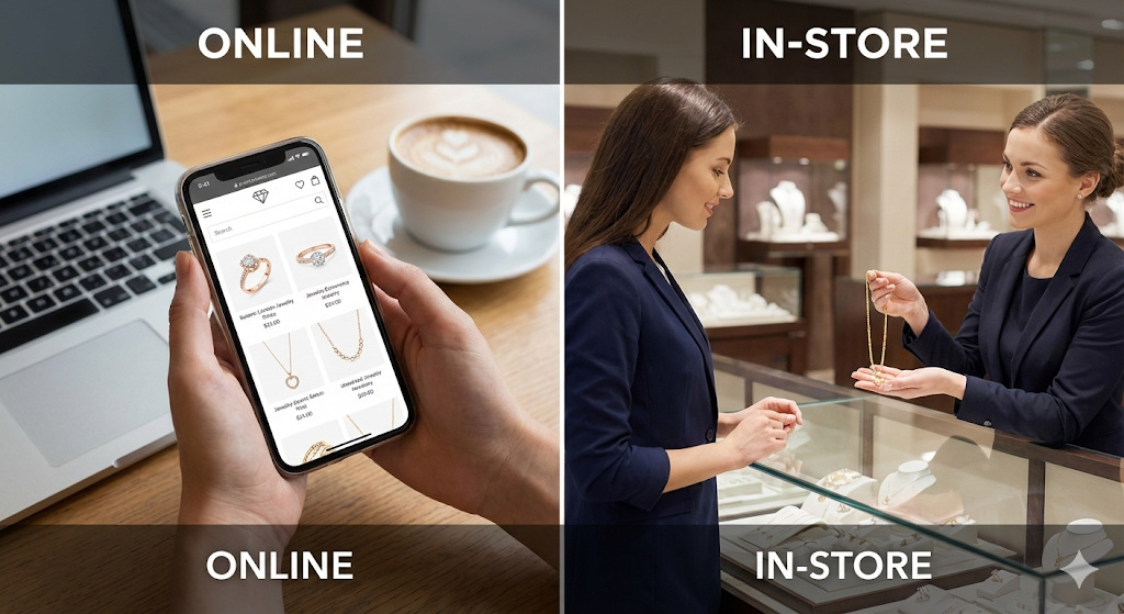 左側はスマートフォンでジュエリーをネット検索する様子、右側は百貨店の宝飾売り場で店員からネックレスの説明を受ける様子の比較写真