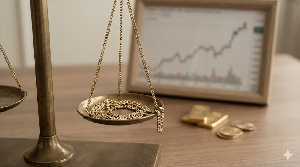  金の喜平ネックレスが天秤に乗せられ、背景には金相場の変動を示すチャートと金の延べ棒が配置されている、資産価値を象徴する画像。