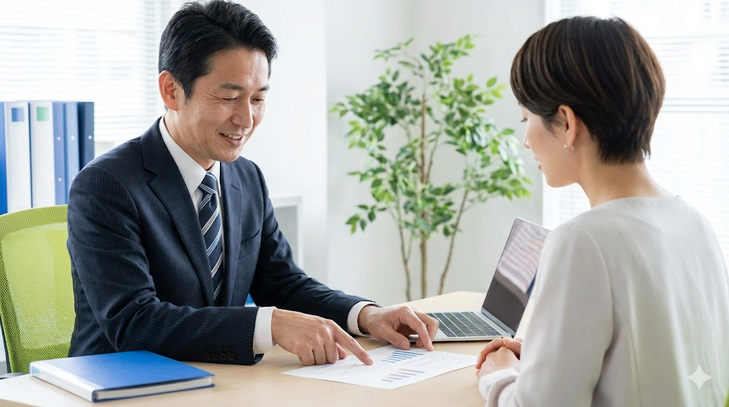 オフィスでアジア人の税務専門家が、顧客に対して書類を見せながら穏やかに税金に関する相談に乗っている様子。