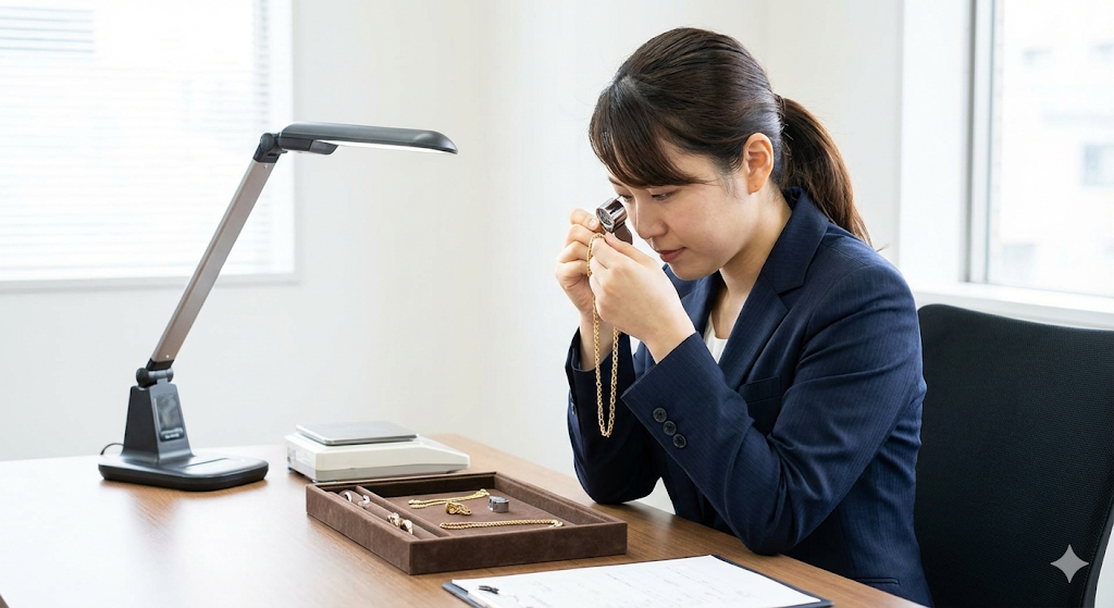 ルーペを使い金のネックレスを丁寧に査定するスーツ姿の日本人女性鑑定士