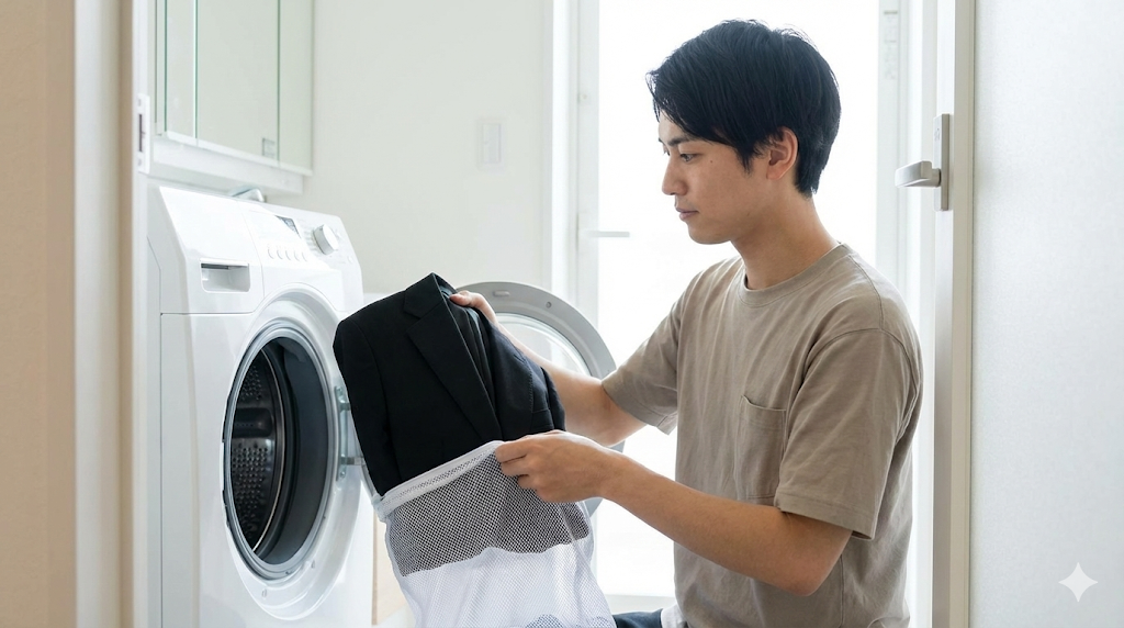 自宅の洗濯機で洗えるスーツを洗濯ネットに入れている日本人男性の様子