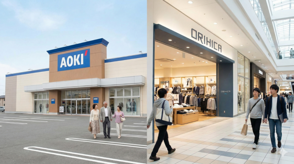AOKIの郊外ロードサイド店舗と、ショッピングモール内にあるORIHICA店舗の比較写真。それぞれの店舗の前を異なる年代の日本人が歩いており、両ブランドの立地とターゲット層の違いを視覚的に示している
