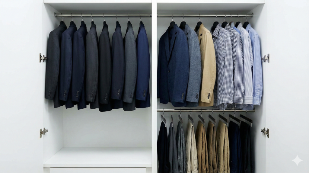 整理されたクローゼットの中に、AOKIのビジネススーツとORIHICAのカジュアルジャケットやシャツが並んで掛けられている写真。TPOに合わせて両ブランドを使い分ける賢い消費者行動を象徴している