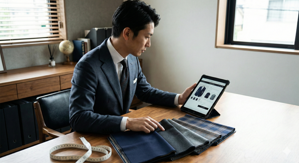 タブレットでオーダースーツの注文画面を見ながら、デスク上の生地サンプルとメジャーを確認するスーツ姿の日本人男性。オンラインオーダーの様子を象徴する画像。