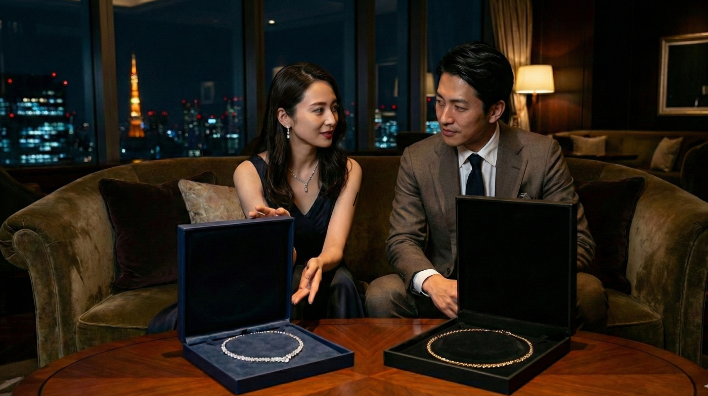 高級ラウンジでハイブランドのダイヤモンドネックレスと重厚な18金喜平ネックレスを見比べて、購入を検討している日本人カップルの様子。