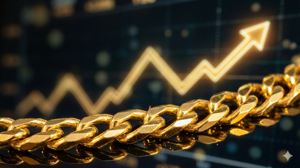  18金6面ダブル喜平ネックレスのチェーンが光を受けて輝く様子を捉えたマクロ写真。背景には資産価値の上昇を示唆する金色のグラフがぼかして写っている。