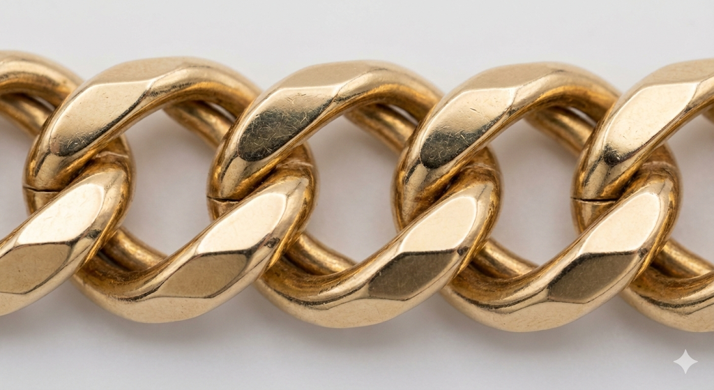 18金6面ダブル喜平チェーンのコマの構造を示す拡大写真。6つのカット面と、コマが二重に編み込まれた密度の高い構造がはっきりと確認できる。