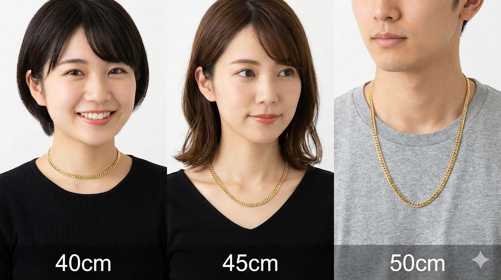  日本人モデルによる18金10g喜平ネックレスの長さ比較写真。左から40cm着用（女性）、45cm着用（女性）、50cm着用（男性）の様子