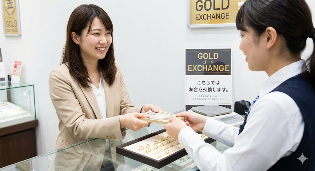 貴金属買取店のカウンターで、笑顔の日本人女性がスタッフから現金の束を受け取っている様子。