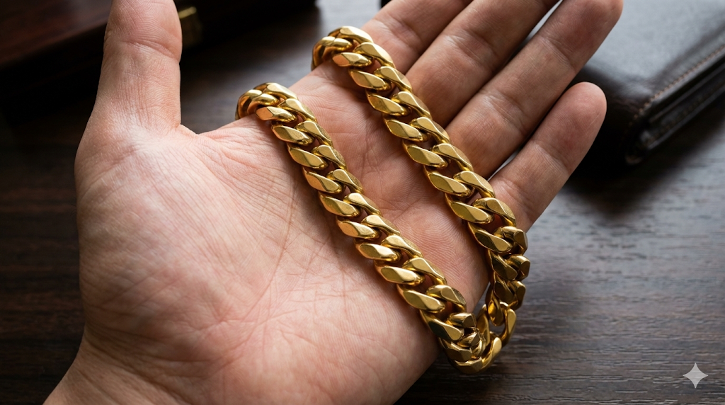 手のひらに乗せられた極太の100g喜平ネックレス。圧倒的な重量感と資産価値を感じさせるクローズアップ。