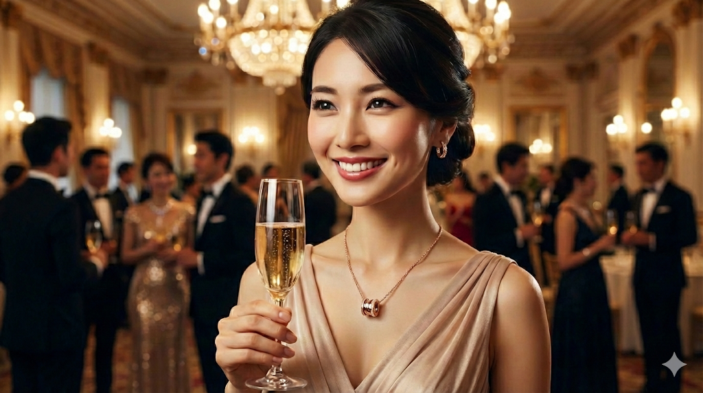 華やかなパーティー会場で、輝くハイブランドネックレスを身につけ、シャンパングラスを持って微笑む日本人女性。ステータスと美しさを象徴するシーン。